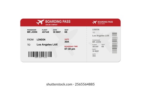 Boarding pass airplane ticket design for a flight with passenger name and destination.