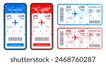 Boarding pass, Airplane ticket set. Mobile, digital or electronic plane ticket in the phone. Online booking by smartphone concept. Vector illustration.