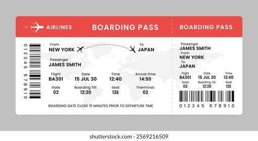 Boarding pass. Airplane ticket template. Vector illustration of Airline flight pass concept.