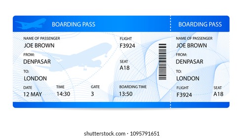 Boarding pass (airplane ticket, traveler check template) with aircraft (airplane or plane) silhouette on background. Travel by Aerial Transport. Enjoy your vacation. Isolated vector on white