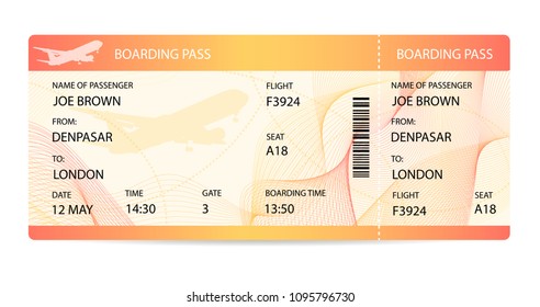 Boarding pass (airplane ticket, traveler check template) with aircraft (airplane or plane) silhouette on background. Travel by Aerial Transport. Enjoy your vacation. Isolated vector on white