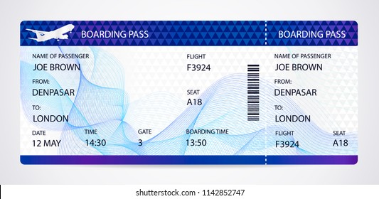 Boarding pass (airplane ticket, traveler check template) with aircraft (airplane or plane) silhouette on background. Travel by Aerial Transport. Enjoy your vacation. Isolated vector on white