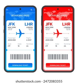 Boarding pass, Airplane tickets. Mobile, digital or electronic plane ticket in the phone. Online booking by smartphone concept. Vector illustration.