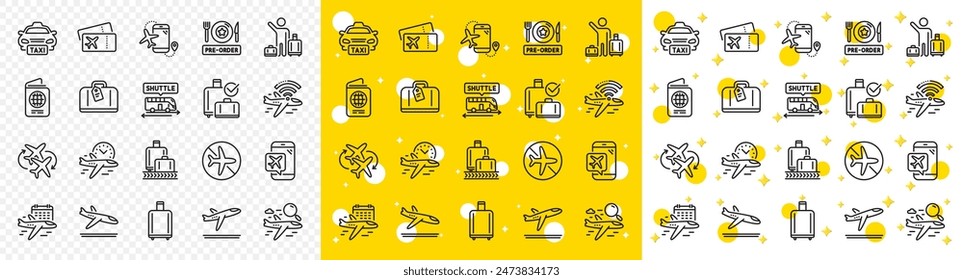 Boarding pass, Baggage claim, Arrival and Departure. Airport line icons. Connecting flight, tickets, pre-order food icons. Passport control, airport baggage carousel, inflight wifi. Vector