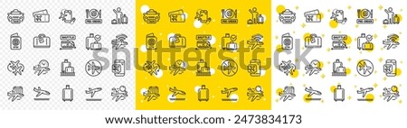 Boarding pass, Baggage claim, Arrival and Departure. Airport line icons. Connecting flight, tickets, pre-order food icons. Passport control, airport baggage carousel, inflight wifi. Vector