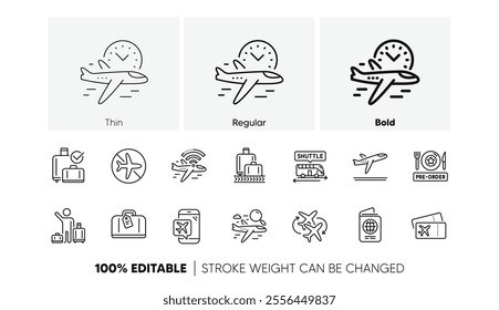 Boarding pass, Baggage claim, Departure. Airport line icons set. Connecting flight, tickets, pre-order food icons. Passport control, airport baggage carousel, inflight wifi. Line icons set. Vector