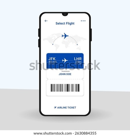 Boarding pass design on mobile app. Digital or electronic plane ticket. Online booking by smartphone concept, flat vector illustration