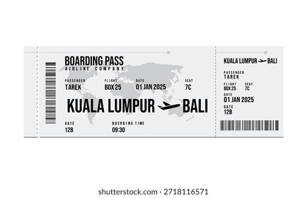 Una tarjeta de embarque que detalla un vuelo de Kuala Lumpur a Bali el 7 de enero de 2025.