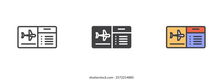 Boarding pass different style icon set. Line, glyph and filled outline colorful version, outline and filled vector sign. Airplane ticket symbol, logo illustration. Vector graphics