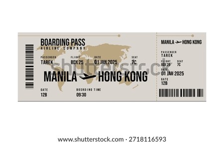 A boarding pass is displayed, indicating a flight from Manila to Hong Kong on January 1st, 2025.