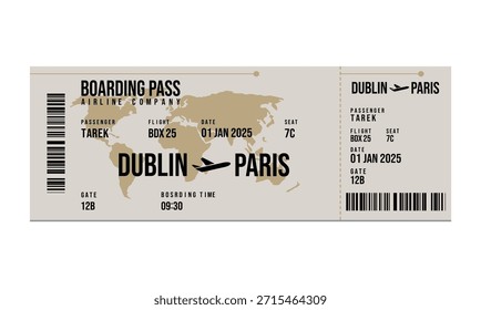 A boarding pass for a flight from dublin to paris on january first
