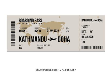 Una tarjeta de embarque para un vuelo de Katmandú a Doha con detalles de viaje