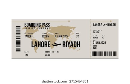 Tarjeta de embarque para un vuelo de Lahore a Riad el 1 de enero de 2025