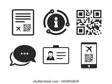Señal de vuelo de la tarjeta de embarque. Chat, signo de información. Código de escaneo QR en el icono del teléfono inteligente. Símbolo de tarjeta de identificación. Icono de burbuja de discurso de estilo clásico. Vector
