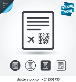 Boarding pass flight sign icon. Airport ticket symbol. Circle and square buttons. Flat design set. Thank you ribbon. Vector