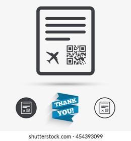 Boarding pass flight sign icon. Airport ticket symbol. Flat icons. Buttons with icons. Thank you ribbon. Vector