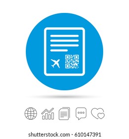 Boarding pass flight sign icon. Airport ticket symbol. Copy files, chat speech bubble and chart web icons. Vector