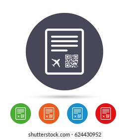Boarding pass flight sign icon. Airport ticket symbol. Round colourful buttons with flat icons. Vector