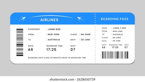 Boarding pass. Flight ticket design for travel and vacation. Editable airline boarding pass template. Blue and white airline ticket layout.