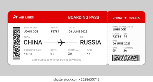 Boarding pass flight ticket template. Red and white airplane ticket design. Travel boarding pass, gate pass, air line booking, Invitation card, Vector illustration