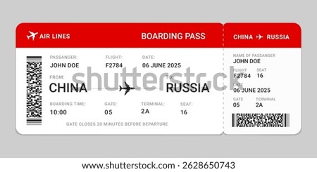 Boarding pass flight ticket template. Red and white airplane ticket design. Travel boarding pass, gate pass, air line booking, Invitation card, Vector illustration