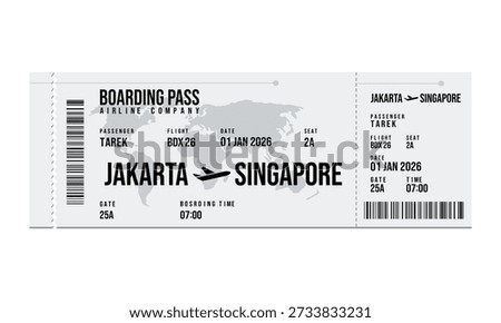 A boarding pass graphic displaying flight information from Jakarta to Singapore on January 1, 2026.