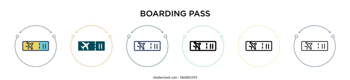 Boarding pass icon in filled, thin line, outline and stroke style. Vector illustration of two colored and black boarding pass vector icons designs can be used for mobile, ui, web