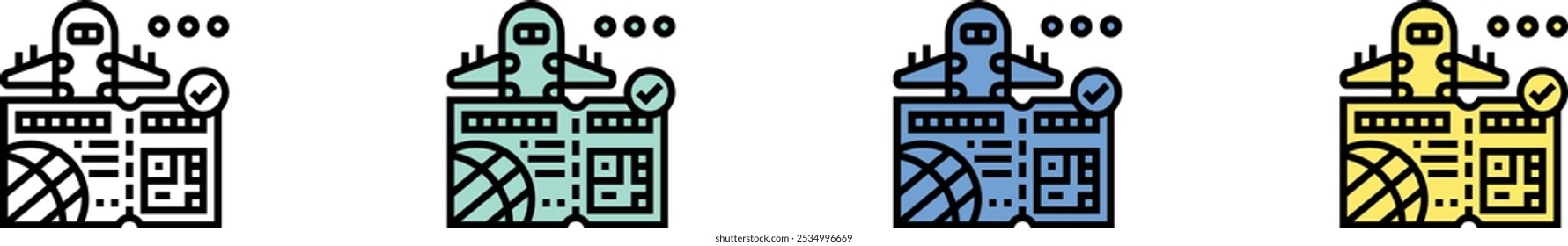 ícone do cartão de embarque. Contorno, Design de estilo verde, azul e amarelo isolado no plano de fundo branco