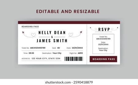 Boarding Pass Invitation For Airplane and Boat, Cruise Boarding Pass Design Template. Minimalist  Airline Ticket and Wedding Invitation.