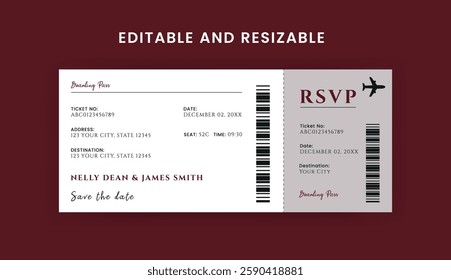 Boarding Pass Invitation For Airplane and Boat, Cruise Boarding Pass Design Template. Minimalist  Airline Ticket and Wedding Invitation.