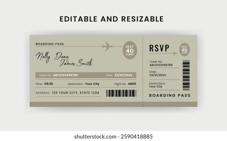 Boarding Pass Invitation For Airplane and Boat, Cruise Boarding Pass Design Template. Minimalist  Airline Ticket and Wedding Invitation.