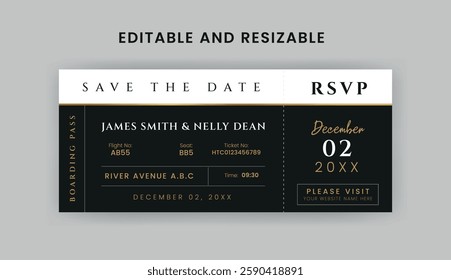 Boarding Pass Invitation For Airplane and Boat, Cruise Boarding Pass Design Template. Minimalist  Airline Ticket and Wedding Invitation.