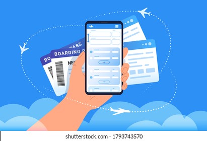 Bordkarte Handy-Zusatz für den Online-Check-in und Flugzeuge, die in Wolken herumfliegen. Konzept, Vektorgrafik der menschlichen Hand hält ein Smartphone mit zwei mobilen Internatpässen auf blauem Hintergrund