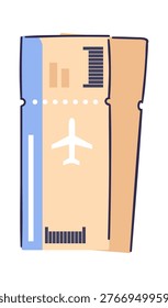 Boarding pass pair with barcode, perforation, and aircraft symbol in hand-drawn cartoon style. Travel, journey, vacation, and booking concept with ticket and pass metaphor. Cartoon vector illustration.