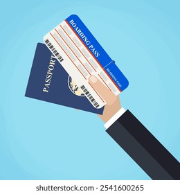 Boarding Pass and Passport in businessman hand. travel concept. vector illustration in flat design, on blue background