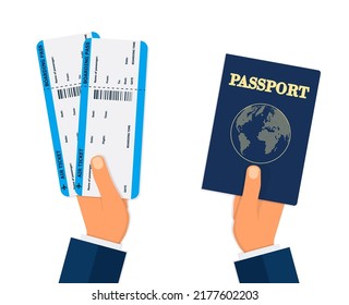 Boarding Pass and Passport in hands. travel concept. vector illustration in flat design, on blue background. Eps 10