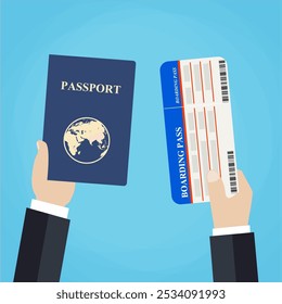 Boarding Pass and Passport in hands. travel concept. vector illustration in flat design, on blue background