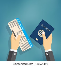 Boarding Pass and Passport in hands. travel concept. vector illustration in flat design, on blue background.