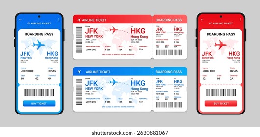 Boarding pass set. Airplane ticket online booking in the phone. Digital airline boarding pass on mobile screen. Vector illustration.
