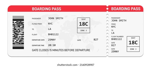 Boarding pass template. Airline ticket. Plane ticket. Realistic airline boarding pass. Red color. Travel, journey, tourism design element. Vector illustration