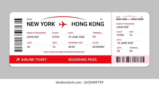 Boarding pass template. Airline boarding pass ticket isolated on white background. Realistic air plane ticket, Vector illustration