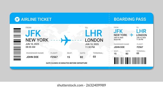 Boarding pass template. Airline ticket boarding pass isolated on white background. Blue airplane ticket design. Air travel concept illustration