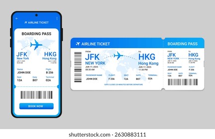 Boarding pass template. Airplane ticket online booking in the phone. Digital airline boarding pass on smartphone display. Paper ticket, travel concept.