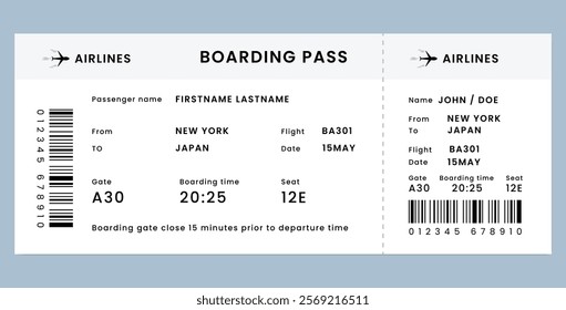 Boarding pass template. Black and white airline ticket with editable text and barcode.  Travel, journey, tourism design element. Vector illustration