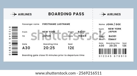 Boarding pass template. Black and white airline ticket with editable text and barcode.  Travel, journey, tourism design element. Vector illustration