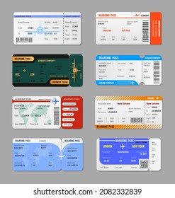 Boarding pass template. Board trip tickets, airplane travel checking card. Business or charter fly coupons, vacation or travelling exact vector templates