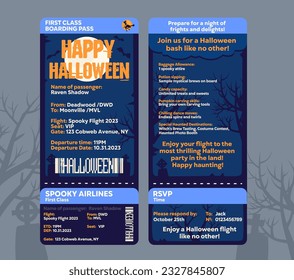 Boarding pass template for a Halloween party invitation. Cartoon holiday party invitation in airline ticket style with two sides and editable text ready to print. Vector illustration.