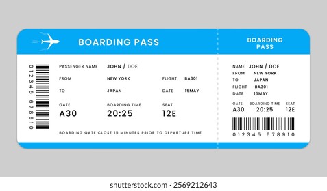 Boarding pass template. Realistic airline ticket design with passenger name. Vector illustration