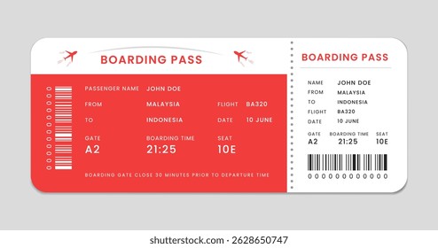 Boarding pass template with sample text and barcode. Blank boarding pass template isolated. Flight details, Travel concept.