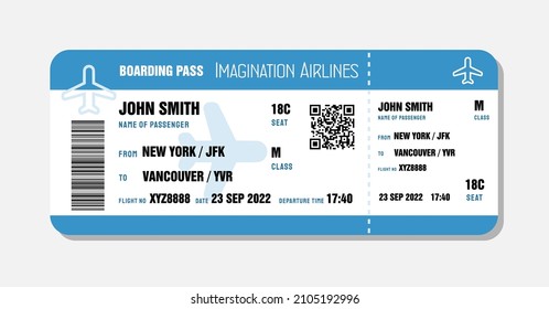 Boarding pass template. Travel flight ticket vector illustration with QR code.